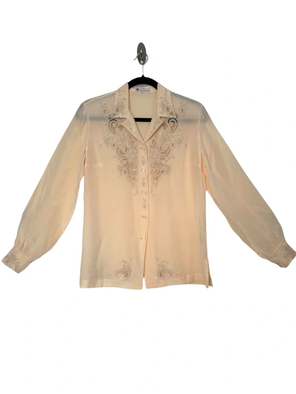 Vintage 100% Silk Embroidered Lace Cutout Blouse Feminine Prairiecore Romantic - Picture 2 of 12